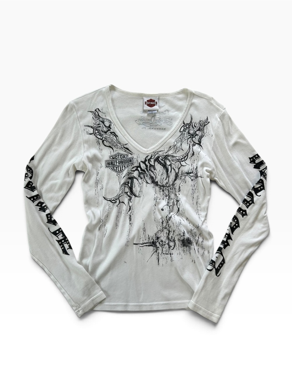 Harley-Davidson Y2K White Punk Long Sleeve Grunge Fitted V-Neck Graphic Tee